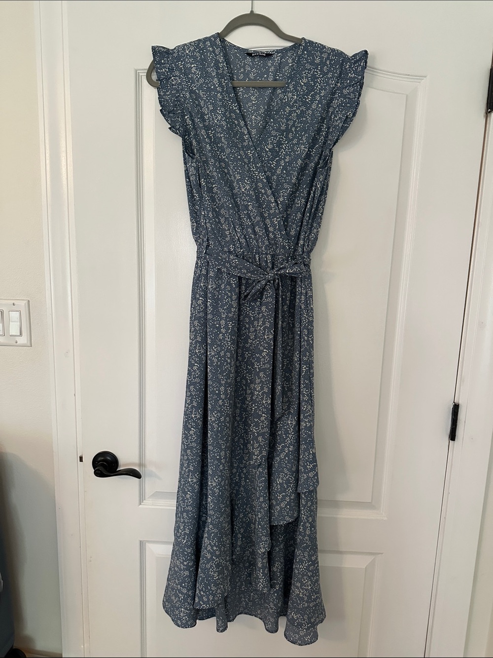 Blue Floral Faux Wrap Midi Dress with Tie Waist